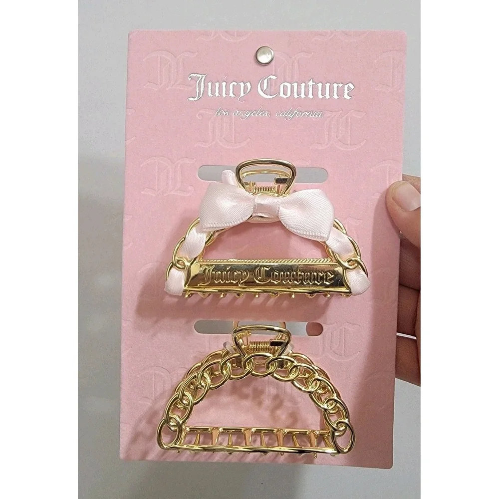 NEW JUICY COUTURE HAIR CLIPS Ribbon‎ Bow Gold Pink 2 Set Metal Claw